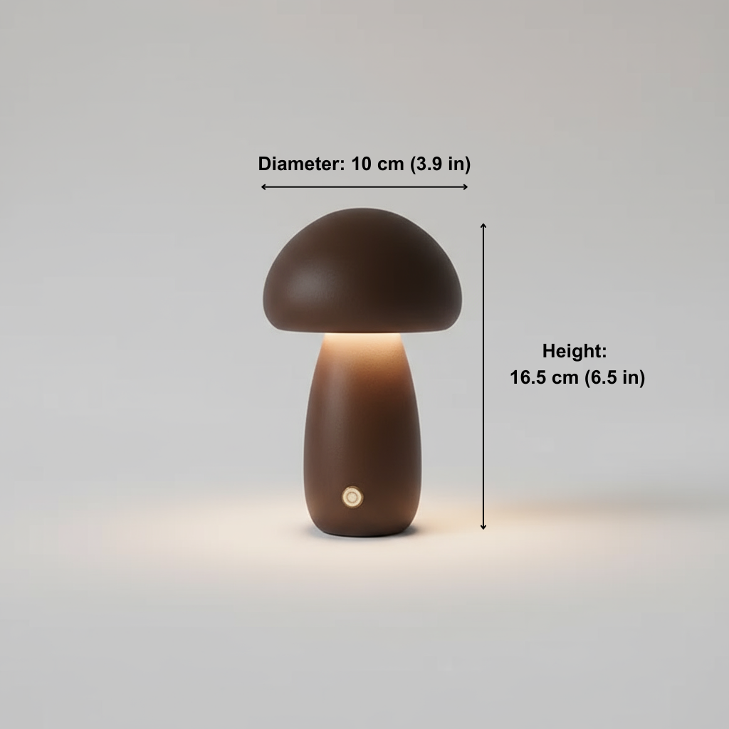 Mushroom-shaped lamp with measurements on a light gray background