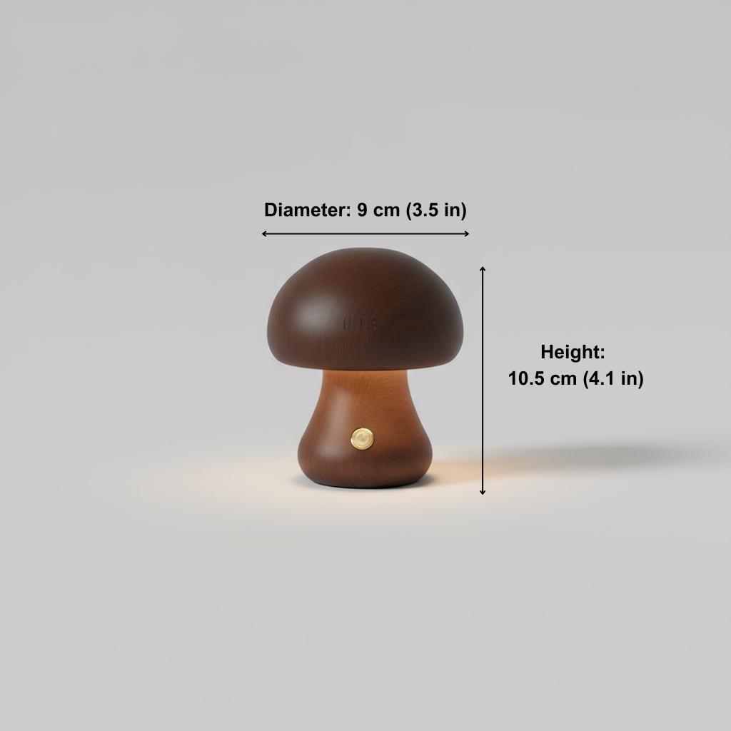 Mushroom-shaped lamp with measurements on a light gray background