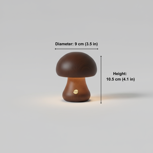 Mushroom-shaped lamp with measurements on a light gray background