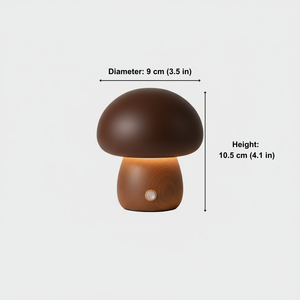 Mushroom-shaped lamp with measurements on a white background