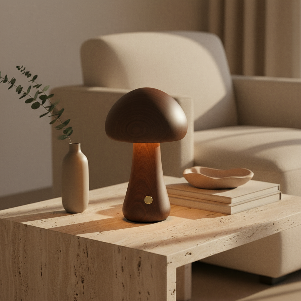 Mushroom-shaped lamp on a wooden table with a vase and books in a cozy living room.