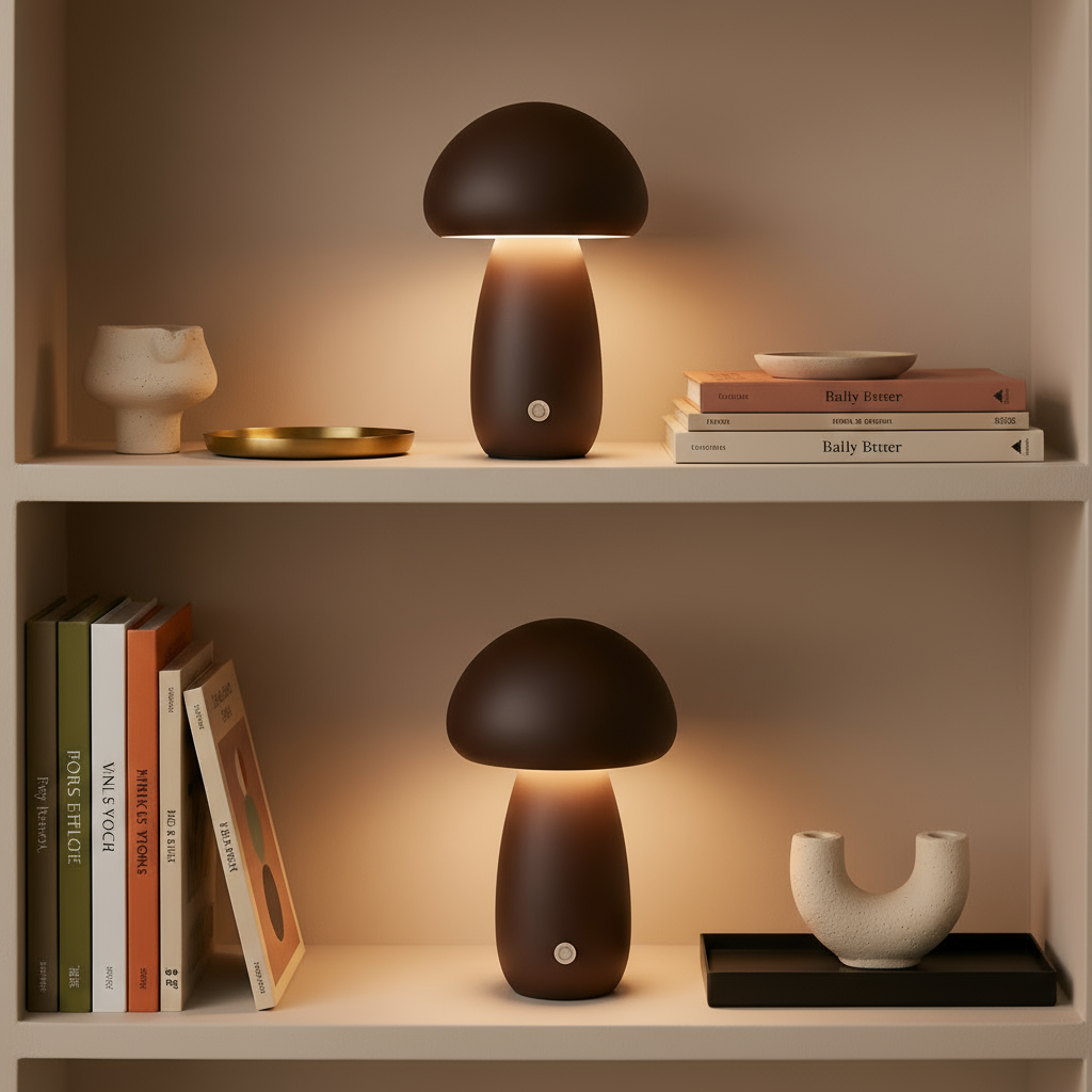 Two mushroom-shaped lamps on a shelf with books and decorative items.