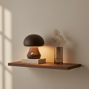 Mushroom-shaped lamp on a wooden shelf with a vase of leaves against a beige wall.