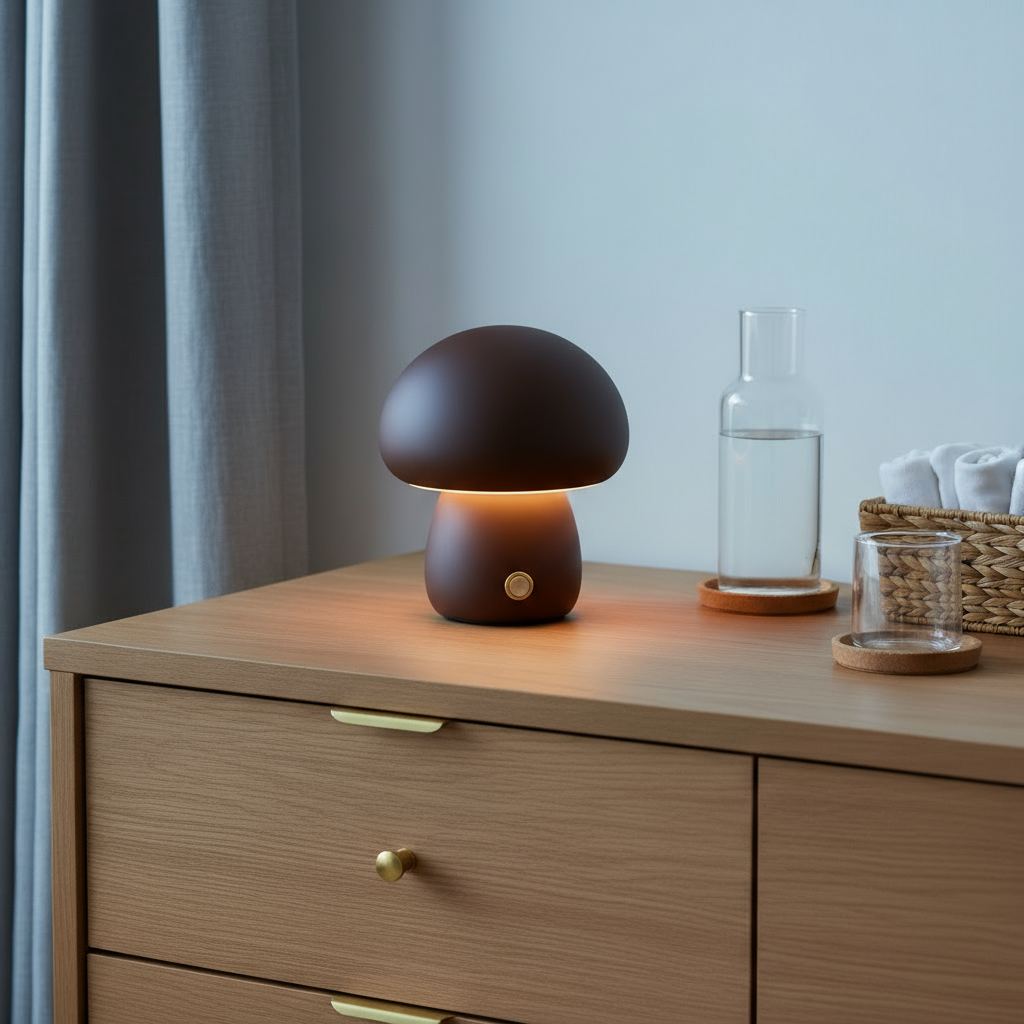 Mushroom-shaped lamp on a wooden dresser with a glass of water and a basket in the background.
