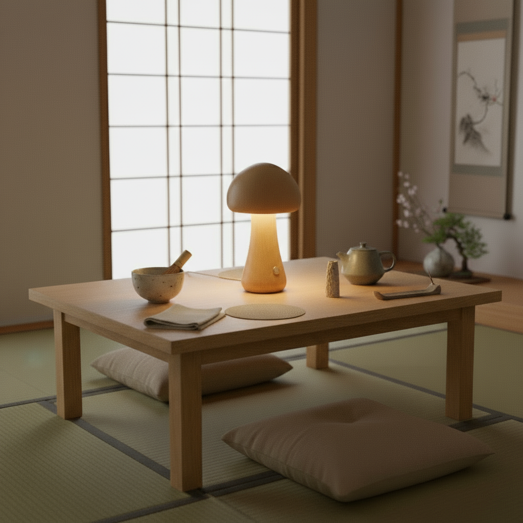 Wooden table with a lamp, teapot, and other items in a room with a large window.