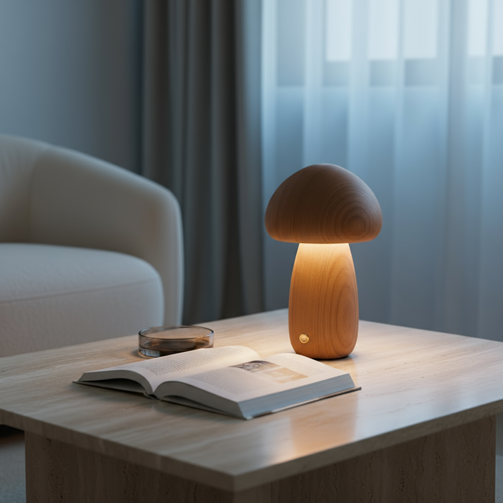 Wooden mushroom lamp on a table with an open book and a candle in a dimly lit room.