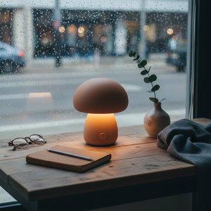 Mushroom-shaped lamp on a wooden table with a rainy window background