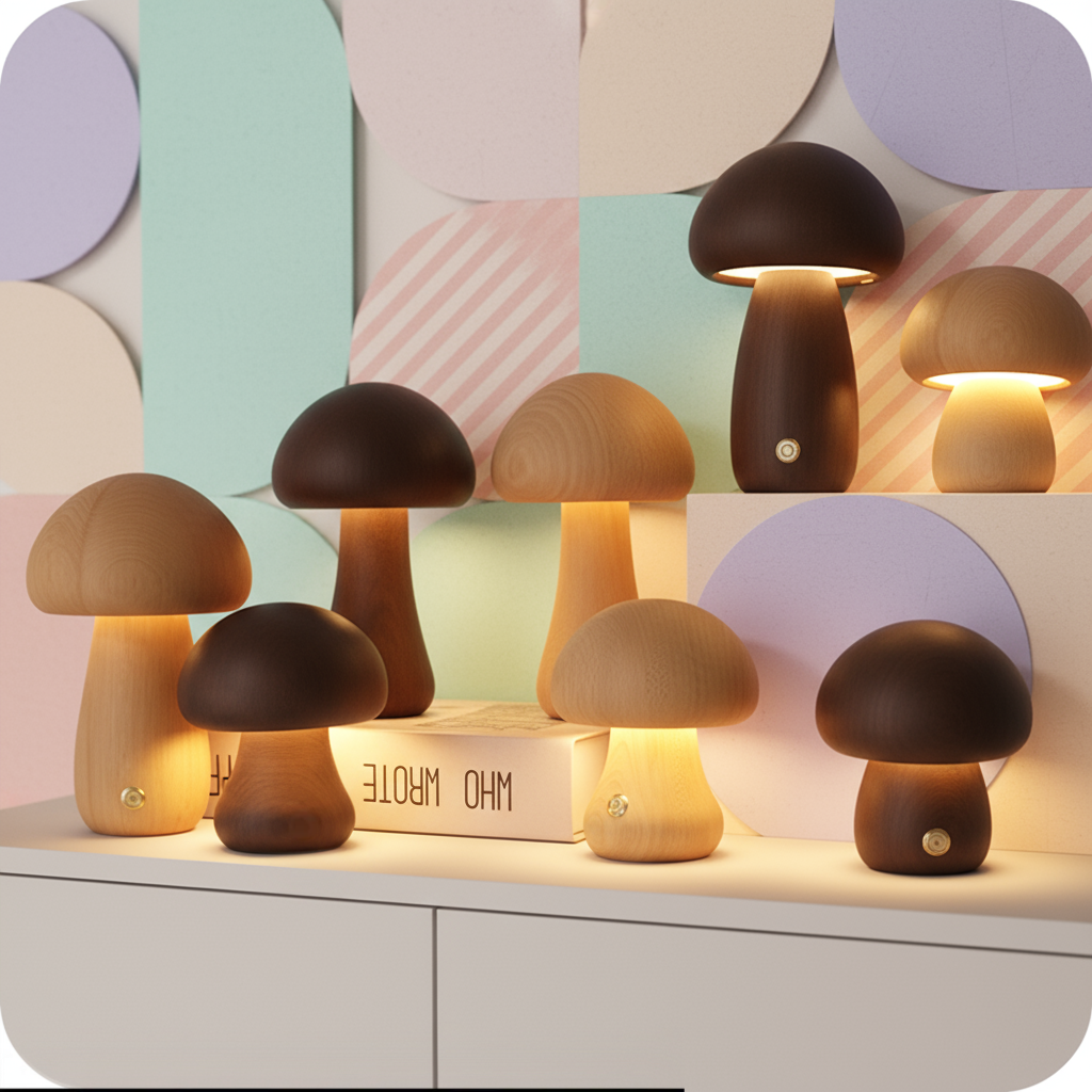 Set of mushroom-shaped lamps on a shelf with a colorful abstract wall in the background.