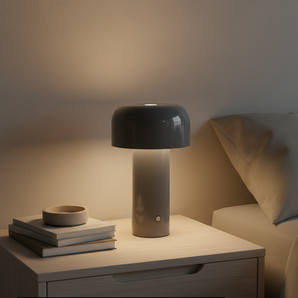 Dark gray lamp on a bedside table with books 