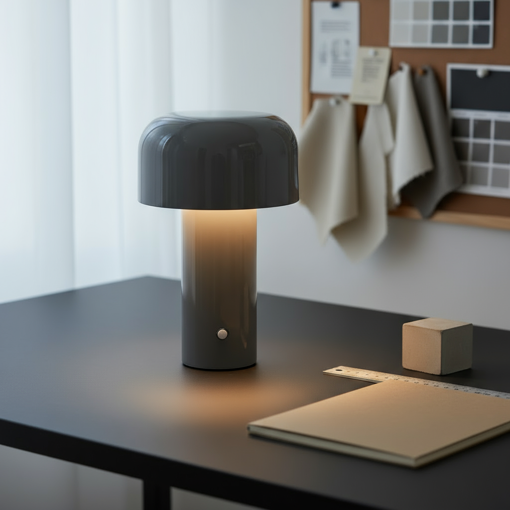 Dark gray lamp on a desk with a notebook and ruler in a home office setting
