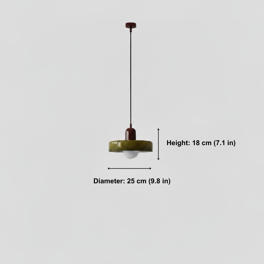 Pendant light with measurements on a white background