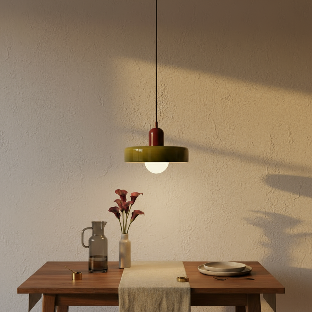 Green pendant light hanging above a wooden table with decor items.