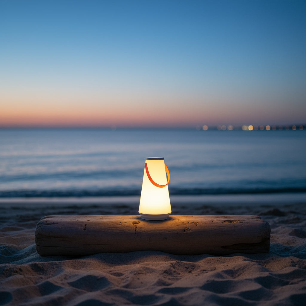Lantern on a log by the ocean at dusk