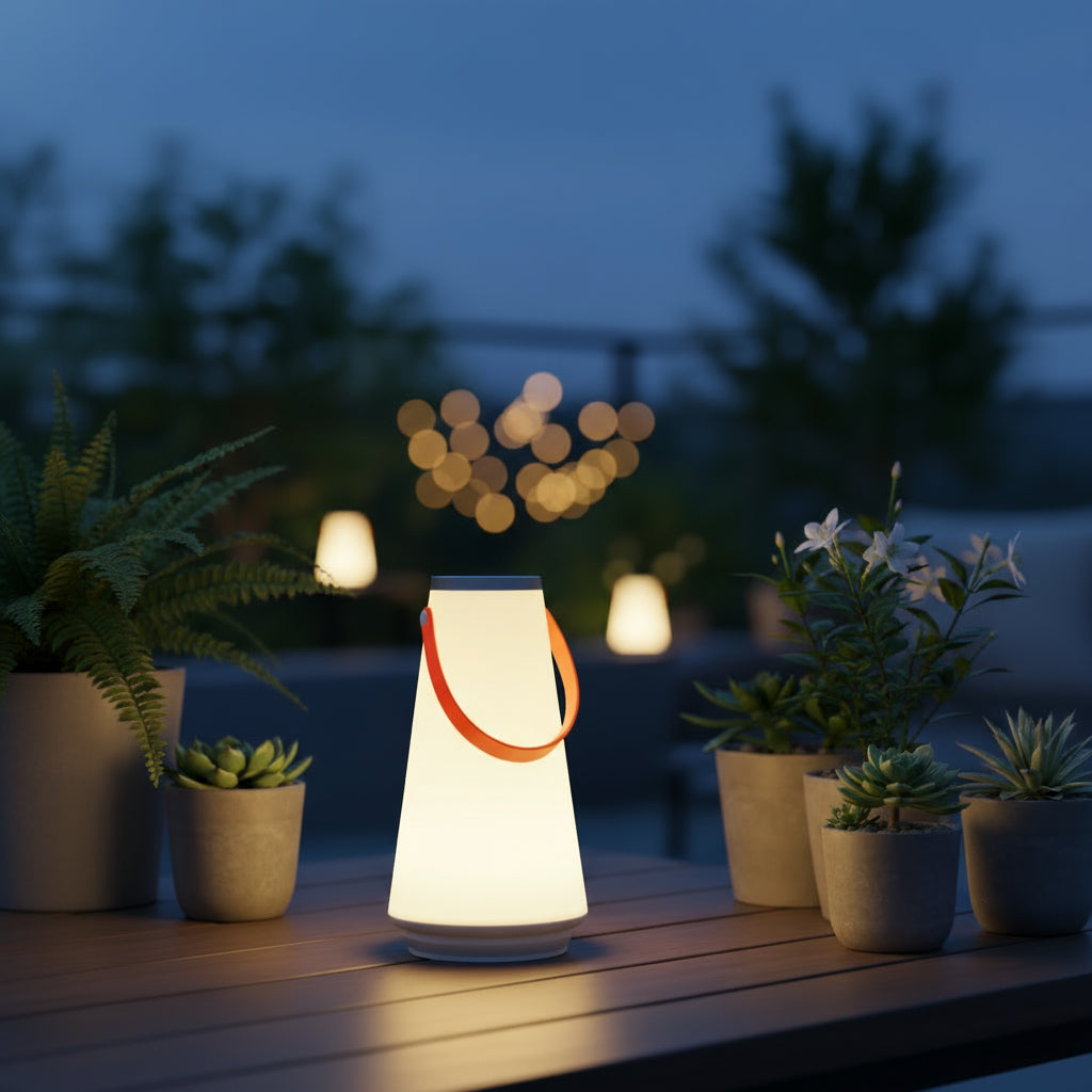 Outdoor setting with a glowing lantern on a wooden surface, surrounded by potted plants and blurred lights in the background.
