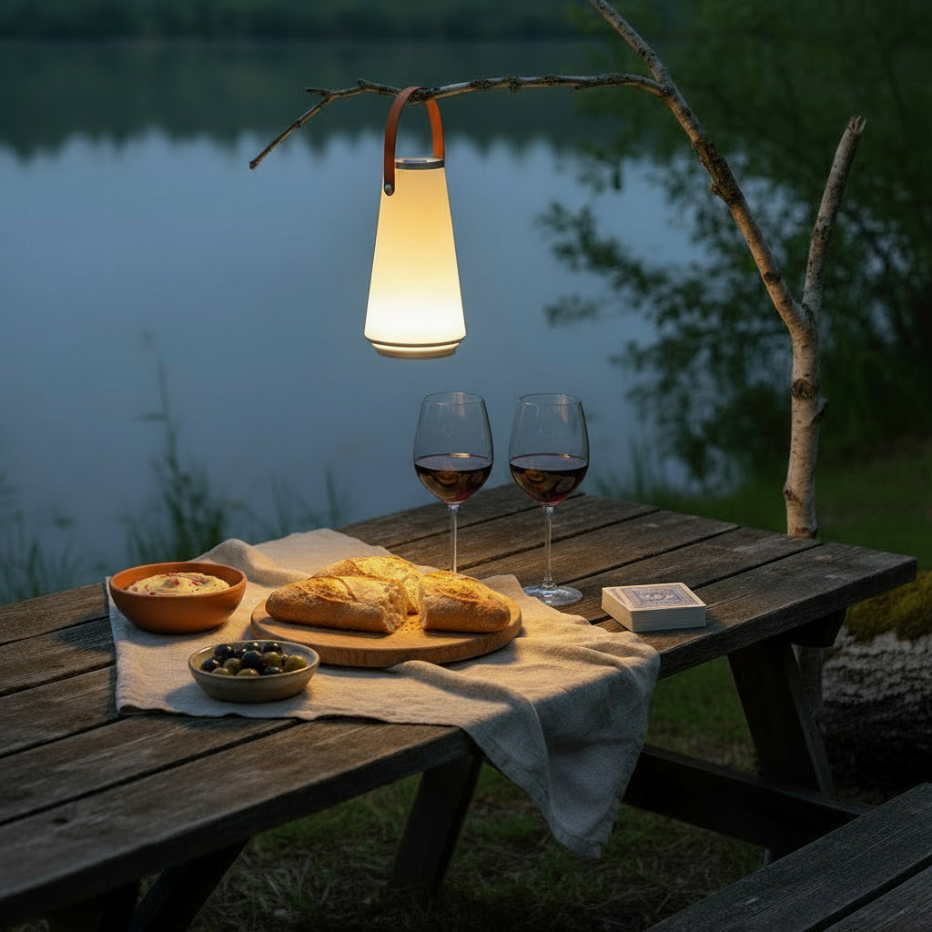 Outdoor setting with a lantern, wine, and cheese by a lake at dusk.