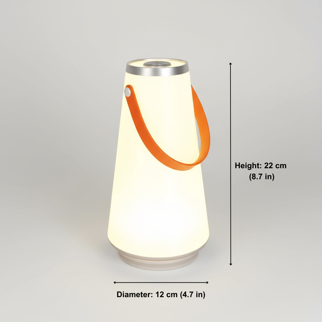 White portable lamp with an orange handle on a gray background, showing dimensions.