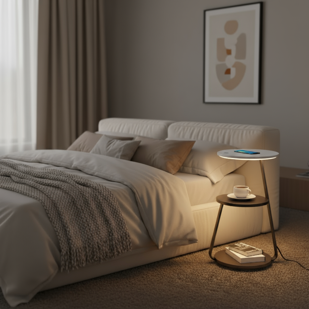 Modern bedroom with beige sofa, bed, and side table with a lamp.