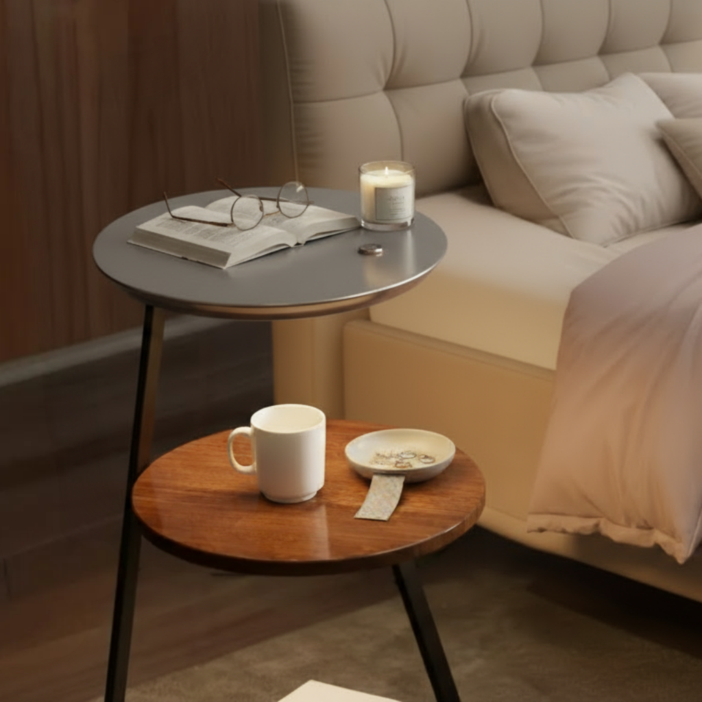 Cozy bedroom with a bed, side tables, and reading materials.