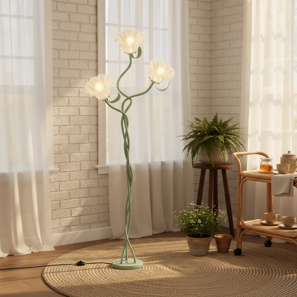 Decorative floor lamp in a room with plants and a small table.