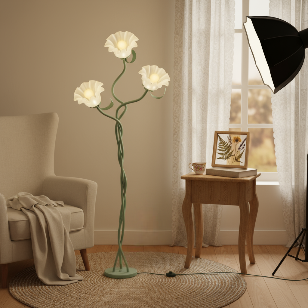Decorative floor lamp with floral design in a living room setting.