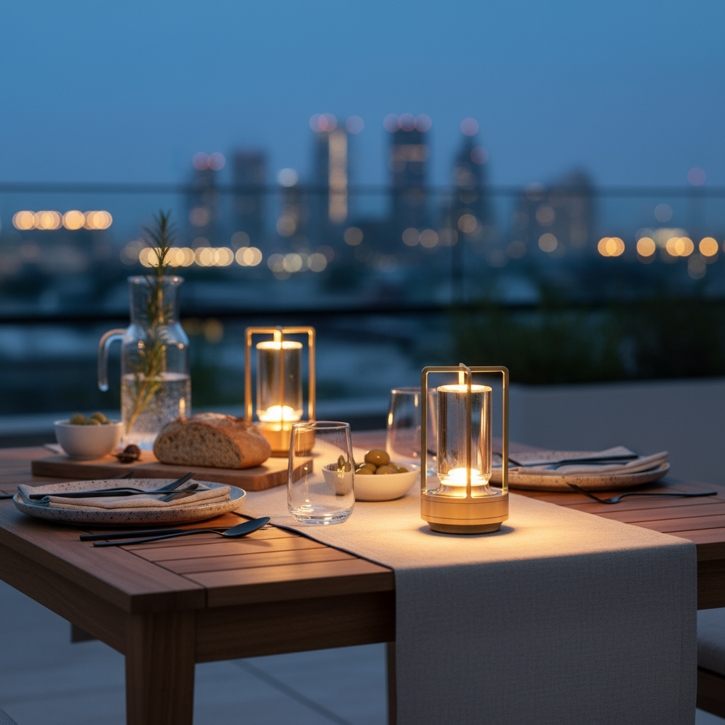 Dining table set for two with candles, glasses, and bread, overlooking a waterfront at night.