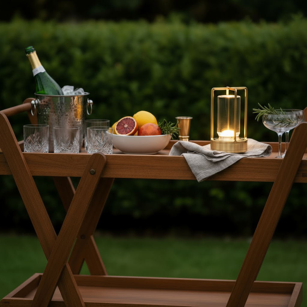 Outdoor table setting with champagne, fruit, and a candle lantern in a garden.