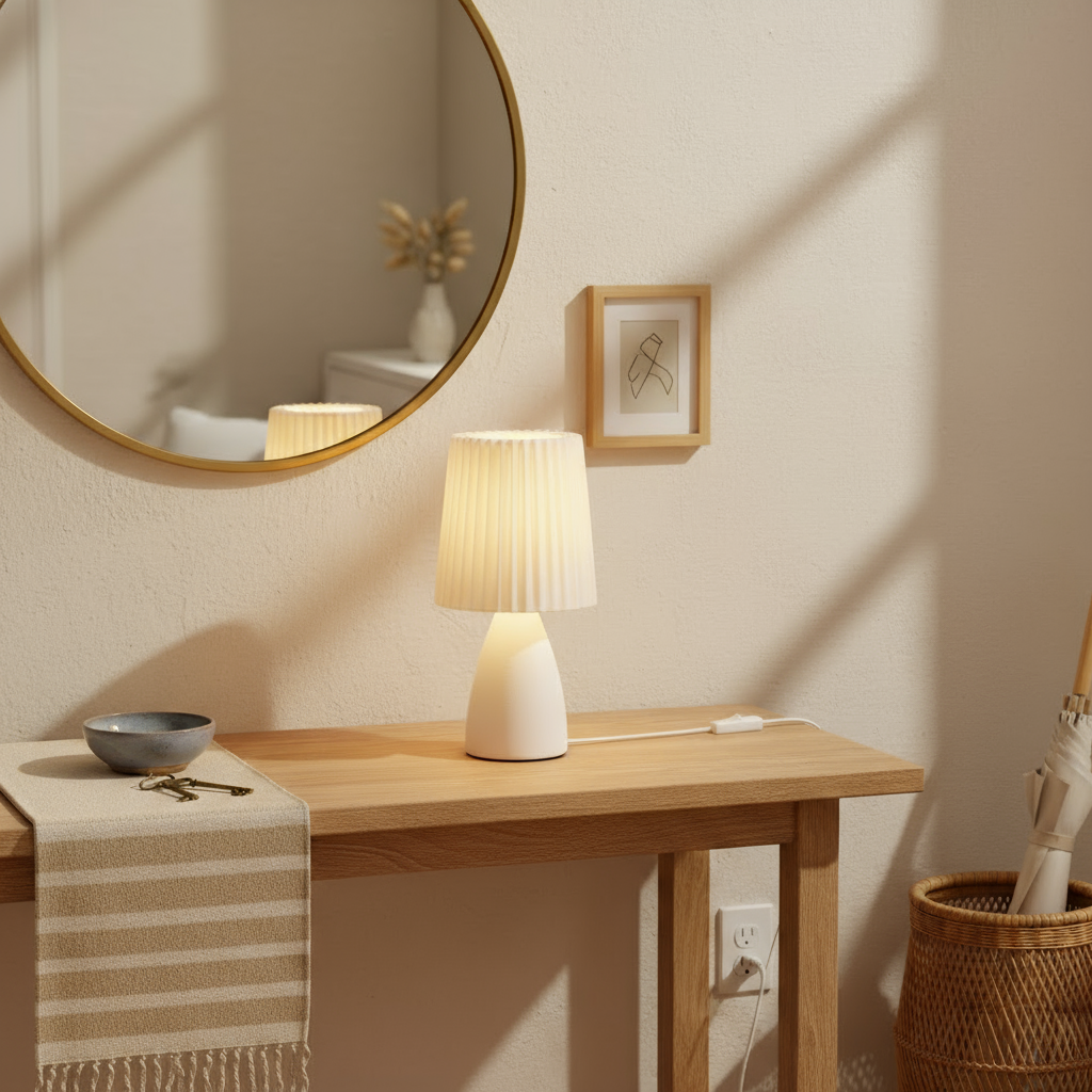 Small table with a lamp, mirror, and decorative items in a softly lit room.
