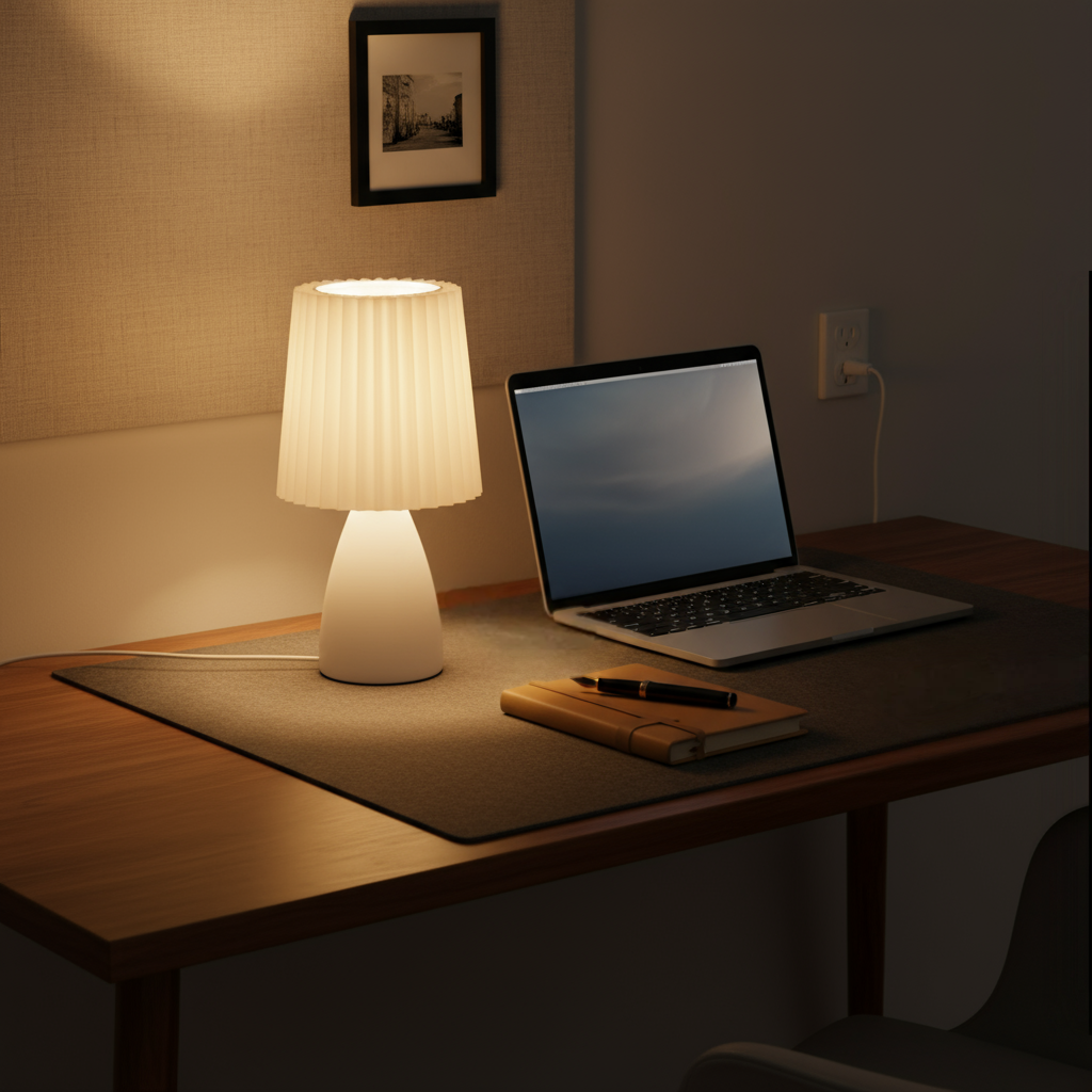 Laptop on a desk with a lamp and stationery items in a dimly lit room.