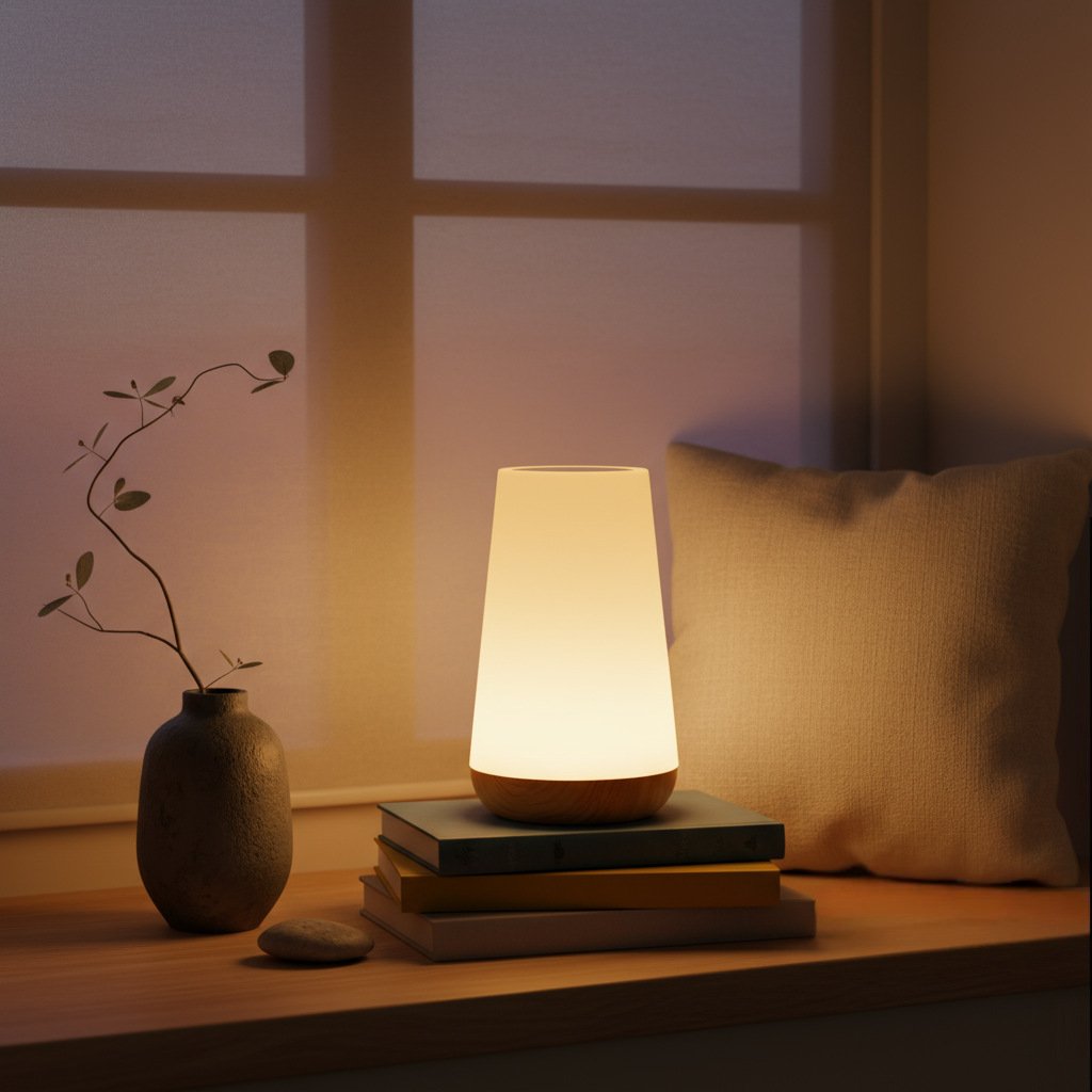 Lamp on books with a vase and plant in a cozy room setting