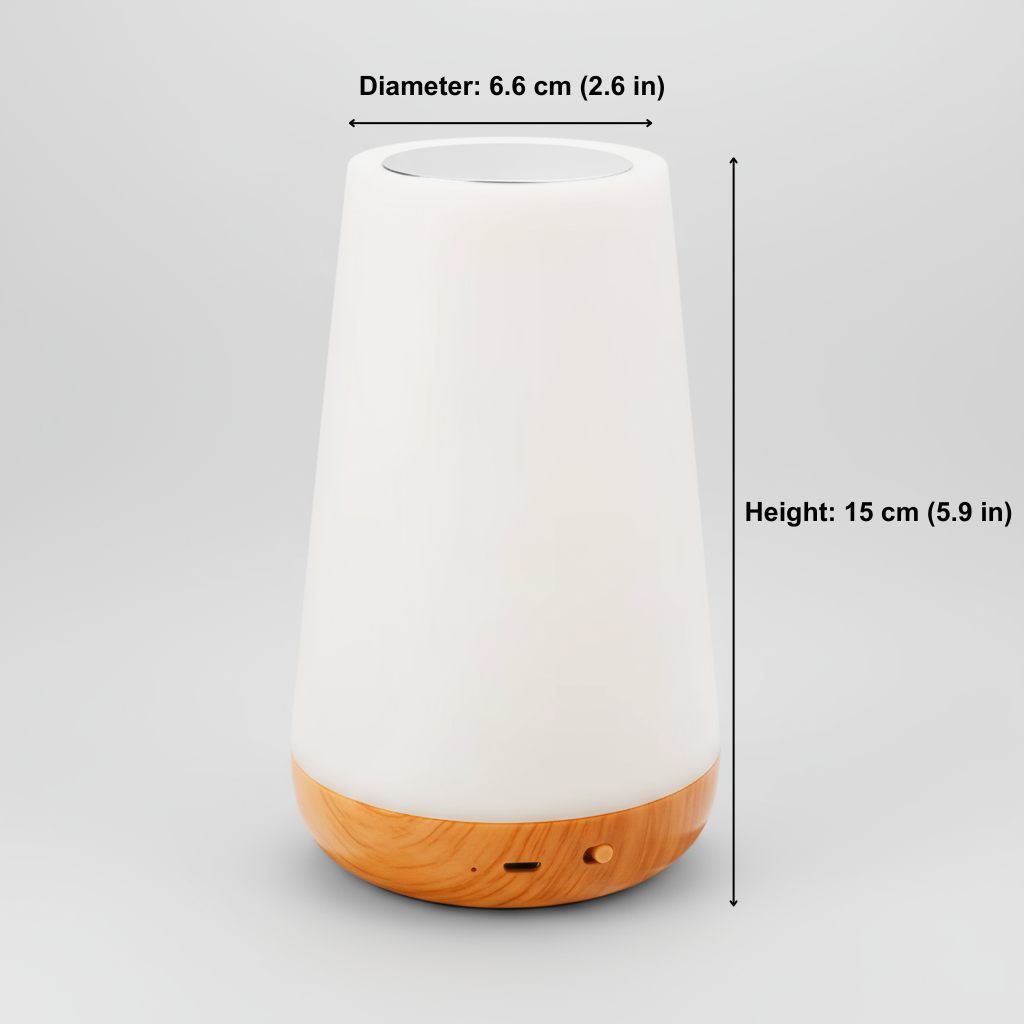 White and wooden diffuser with measurements on a gray background