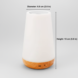 White and wooden diffuser with measurements on a gray background