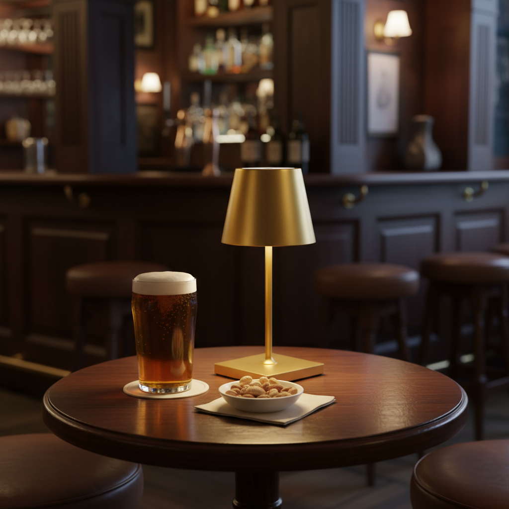 golden table lamp on a wooden table with a glass of beer and a bowl with nuts