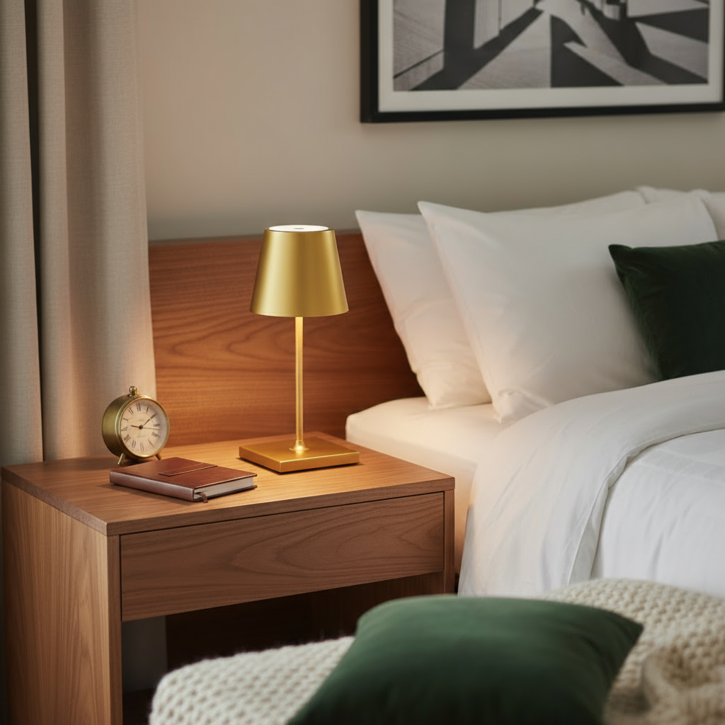 Wooden bedside table next to a bed with white bedding and green pillows. On the table are a golden table lamp, an alarm clock, and two books.