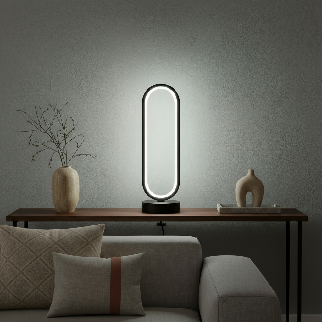 Modern table lamp on a wooden side table with decorative vases and a sofa in the background.