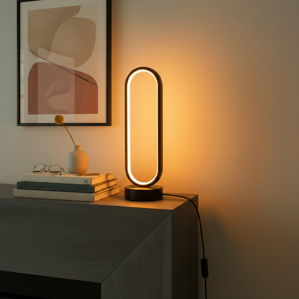 Modern table lamp on a wooden surface with abstract art in the background