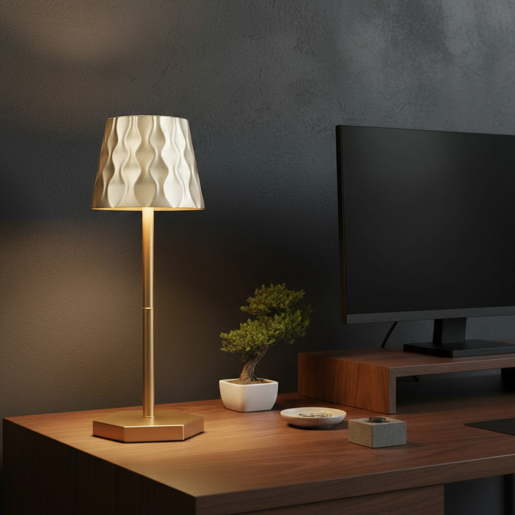 A modern desk setup with a gold table lamp featuring a textured lampshade, a small bonsai tree in a white pot, a monitor on a wooden stand, and minimalist accessories on the wooden desk