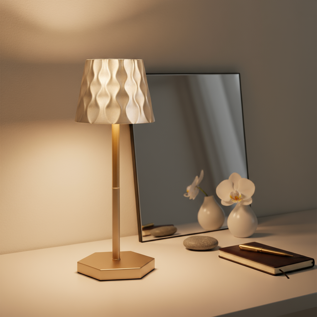 A modern desk setup with a gold table lamp featuring a textured lampshade, a flower in a white pot a mirror on a white stand and minimalist accessories.