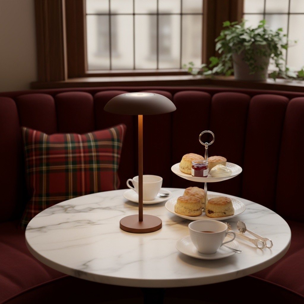 Round marble table with tea set and pastries in a cozy room with red velvet couches and a lamp.