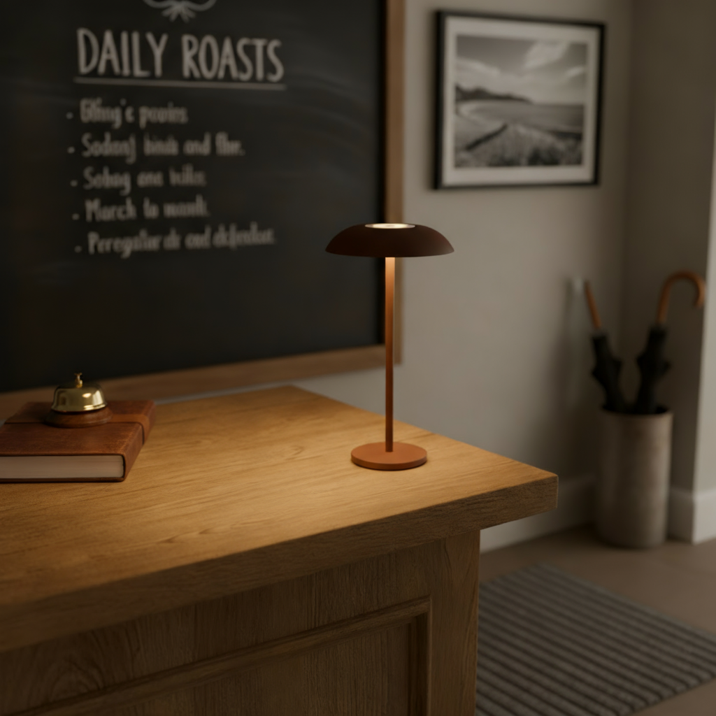 Table lamp on a wooden surface with a chalkboard in the background