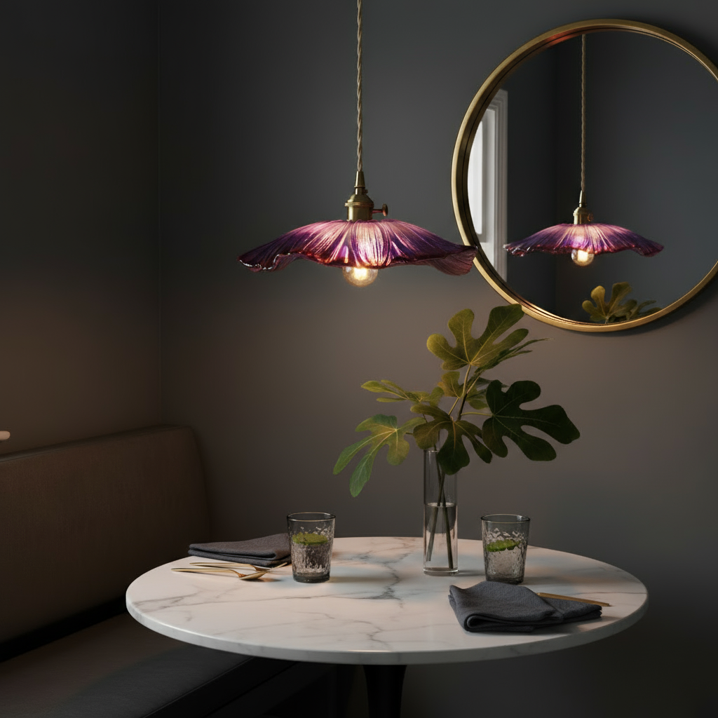 Purple pendant light fixture hanging above a round marble table with glasses and a plant.