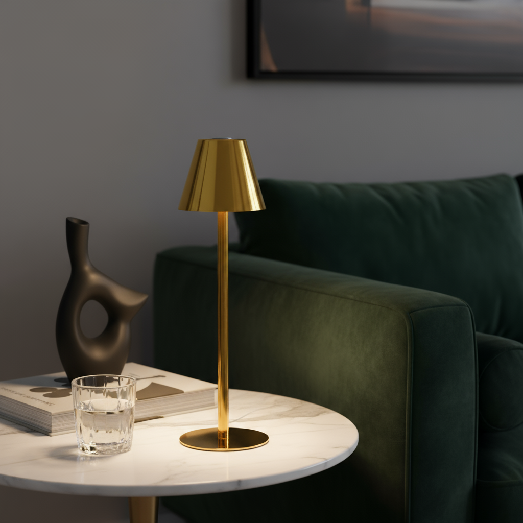 Gold table lamp on a marble side table with a glass of water and a dark vase in a living room setting.