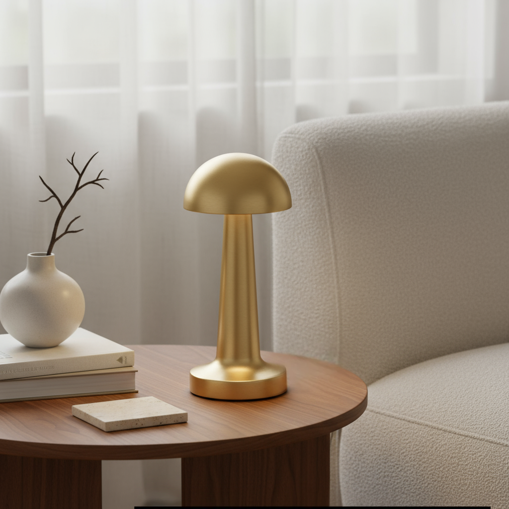 Gold table lamp on a wooden side table with a white vase and books in a softly lit room.