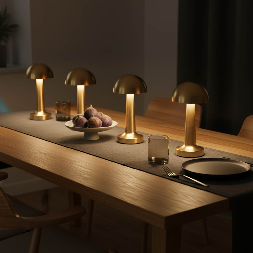 Dining table setting with gold lamps and fruit on a dark background