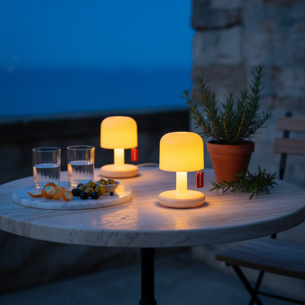 Two small table lamps on a marble table with glasses and snacks at night.