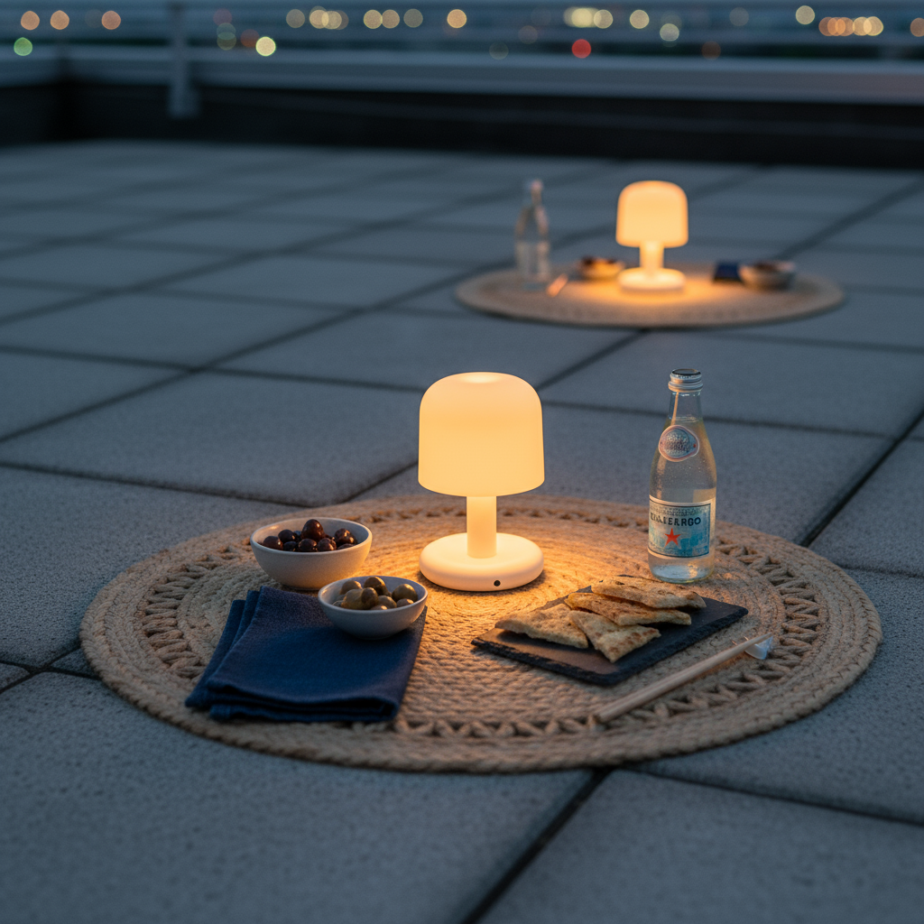 Outdoor setting with two small lamps, snacks, and a bottle on woven mats.