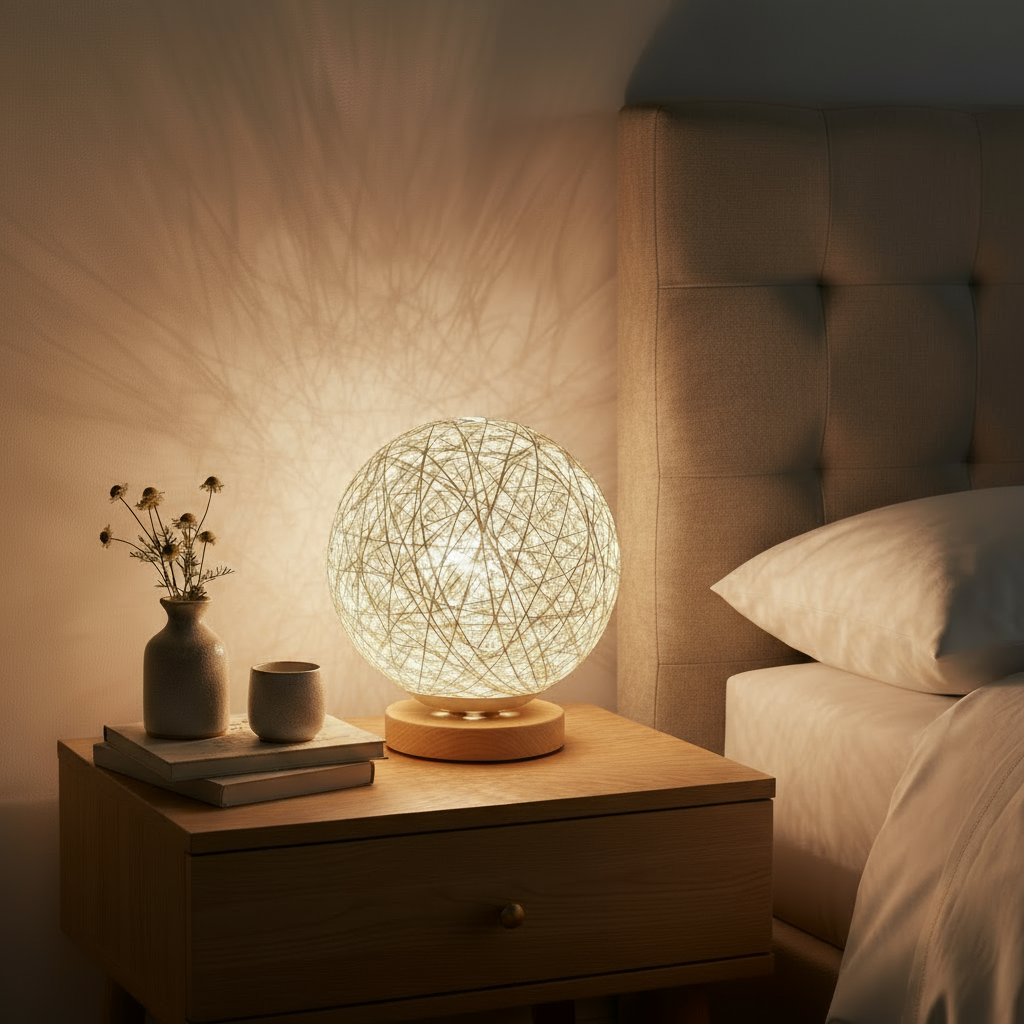 Decorative lamp on a bedside table with a cozy bedroom setting