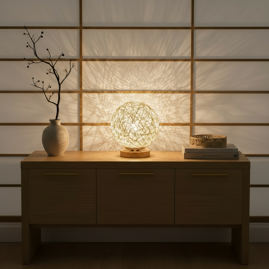 Decorative lamp on a wooden console table with a subtle background