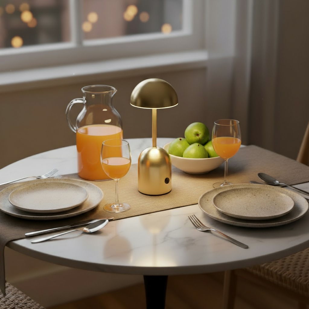 Dining table set with plates, glasses, a lamp, and fruit in a cozy room.