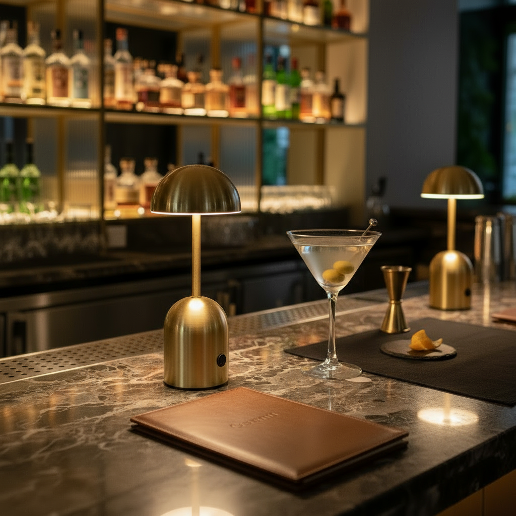 Bar counter with a cocktail, gold lamp, and menu in a dimly lit bar setting.