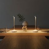 Two table lamps on a wooden surface with a vase and glasses in the background.
